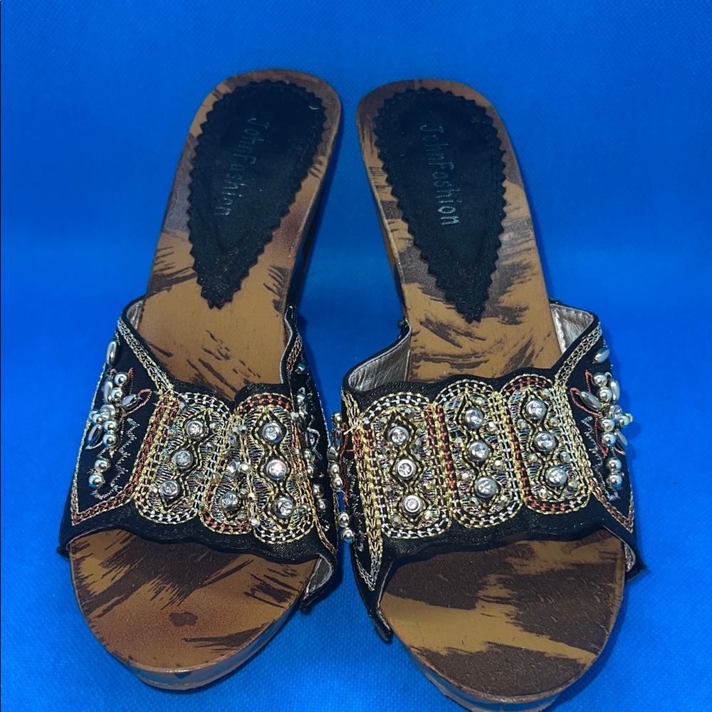 John Fashion Collection Black and Gold Embellished Mules